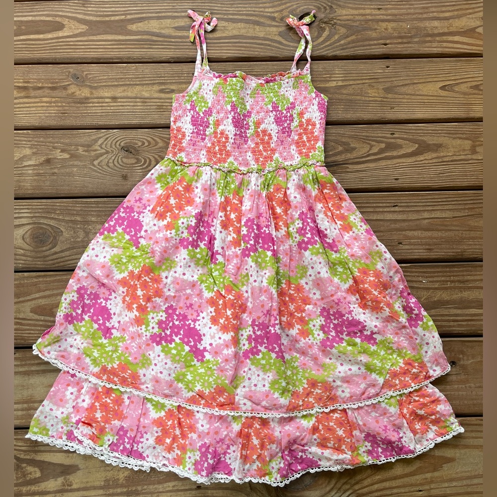 Boden Floral Smocked Dress Pink Green Tiered Sundress Girls 13-14Y